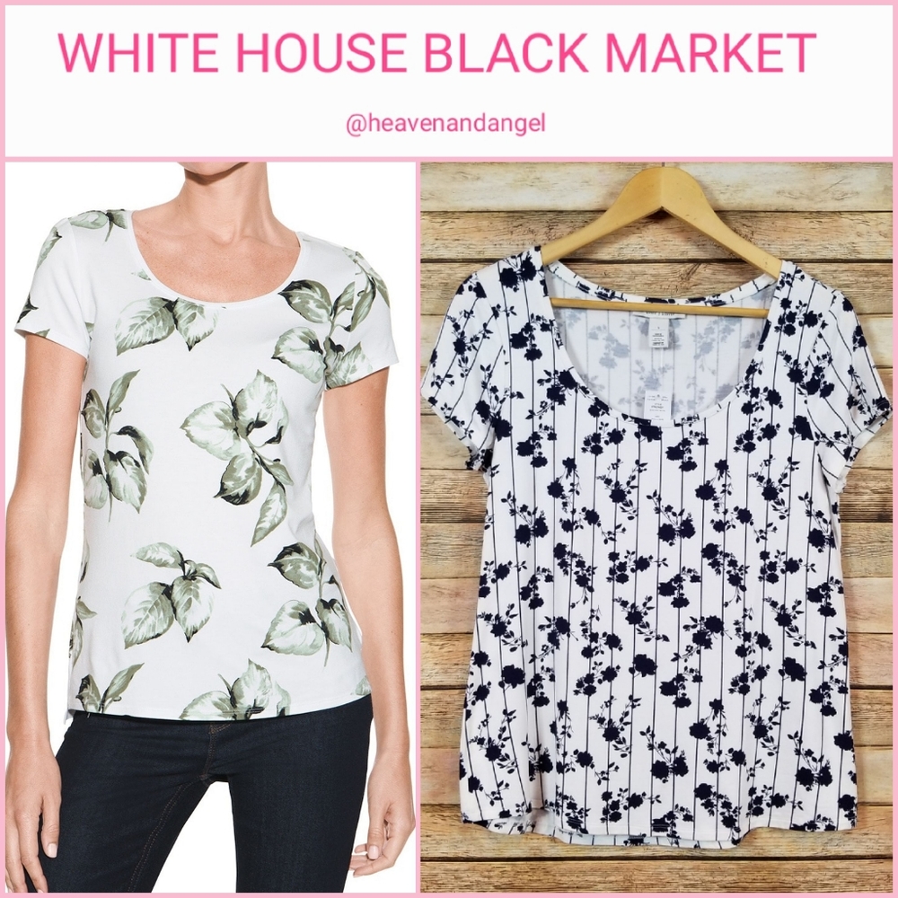 NEW WHBM Short Sleeve Scoop Neck Floral Stripe Printed Tee - Navy Blue &…